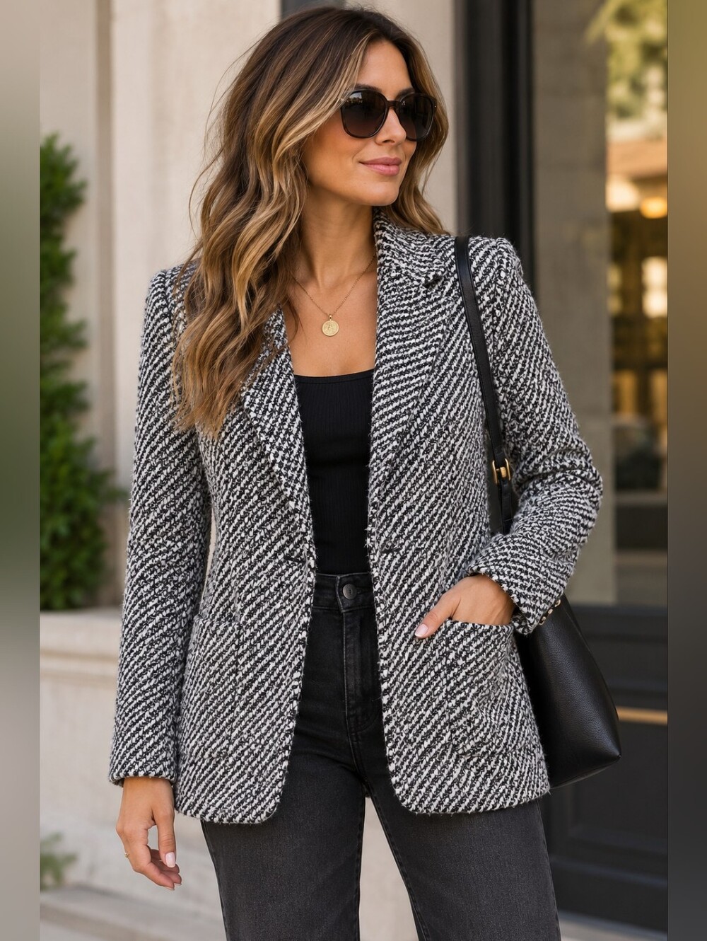 Karen Kane Tweed Blazer Size S Black White Quiet Luxury Preppy Office Chic Fall